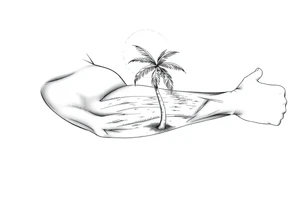 fine line, peaceful, serene, timeless, ocean, sand, palm tree, sun tattoo idea