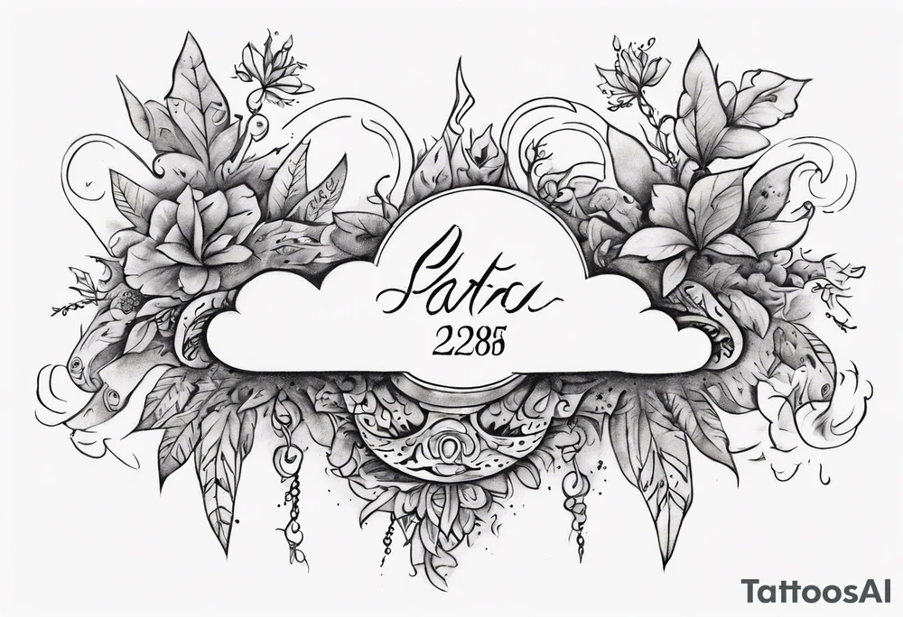 a forearm tattoo with a cloud with little plants and underneath it the date 12.08.05 tattoo idea