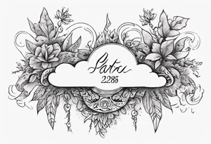 a forearm tattoo with a cloud with little plants and underneath it the date 12.08.05 tattoo idea