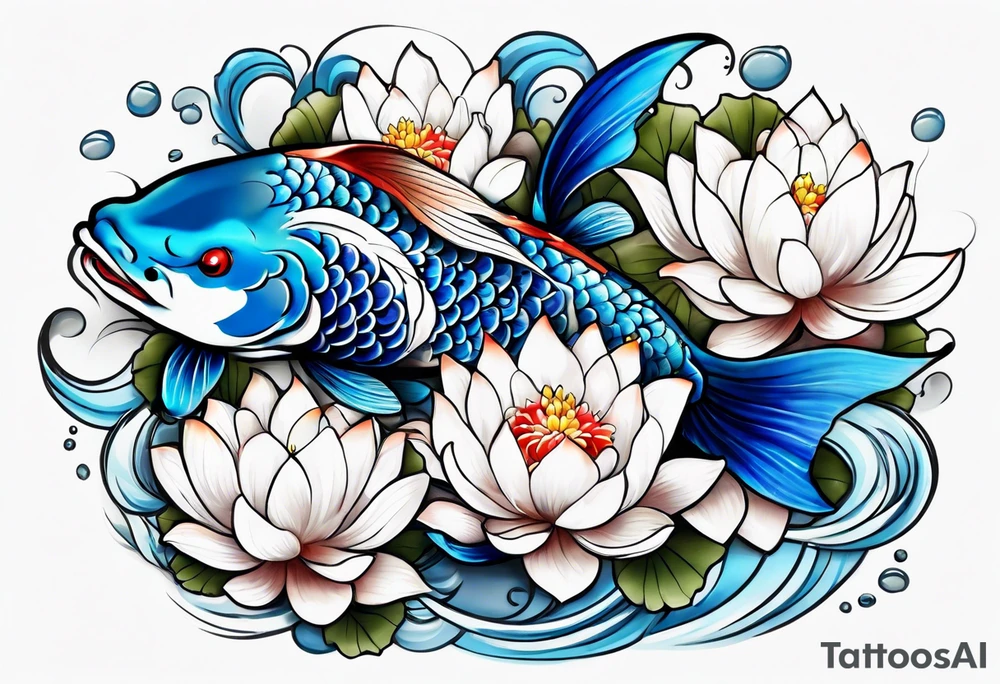 Two Blue Koi swimming between and lotus flowers tattoo idea