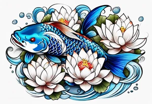 Two Blue Koi swimming between and lotus flowers tattoo idea