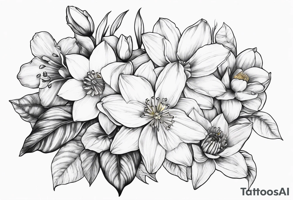 Dainty Bouquet daffodils water lilies and morning glories tattoo idea