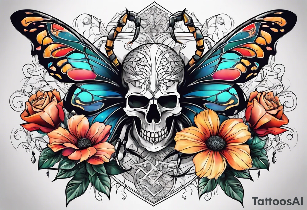 Large scorpions with skulls, flowers and butterflies tattoo idea