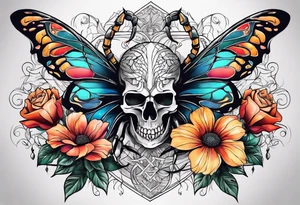 Large scorpions with skulls, flowers and butterflies tattoo idea