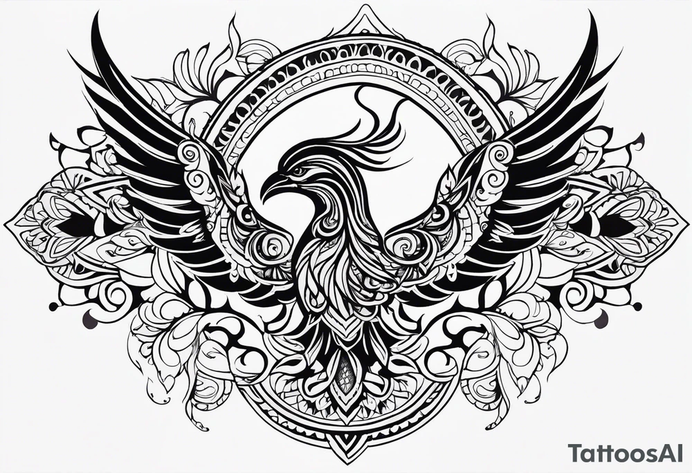 Tribal bohemian feminine impowering Phoenix rising with smoke, mandala sun, floral, lace background tattoo idea