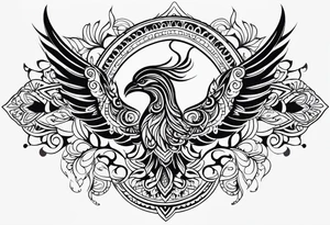 Tribal bohemian feminine impowering Phoenix rising with smoke, mandala sun, floral, lace background tattoo idea