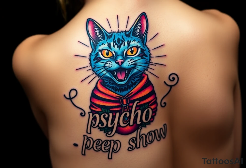 Design a tattoo of a high-quality full color illustration in a surrealism style. The main element should be a cat wearing a straightjacket and displaying a wild, crazy expression on its face.   the words "psycho peep show" should be present in the design in a stylish tattoo style font , very detailed, very colorful and  vivid , highest quality tattoo . it  is placed on the buttock  of a young woman with a perfectly shaped firm butt, tattoo idea