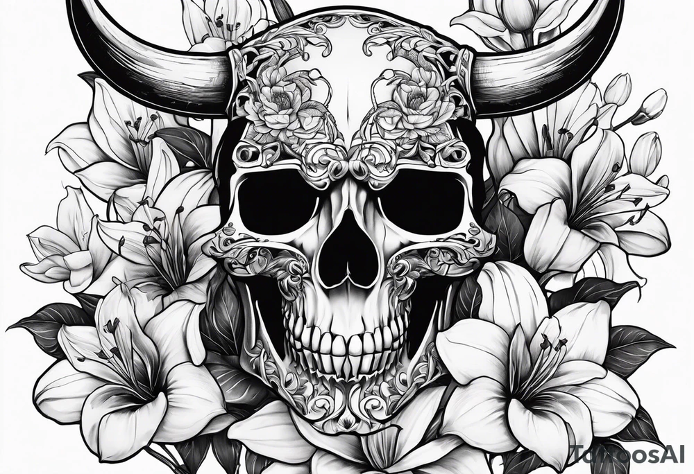 A Bulls skeleton head with lily if the valley flowers growing out of eyes tattoo idea
