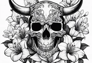A Bulls skeleton head with lily if the valley flowers growing out of eyes tattoo idea