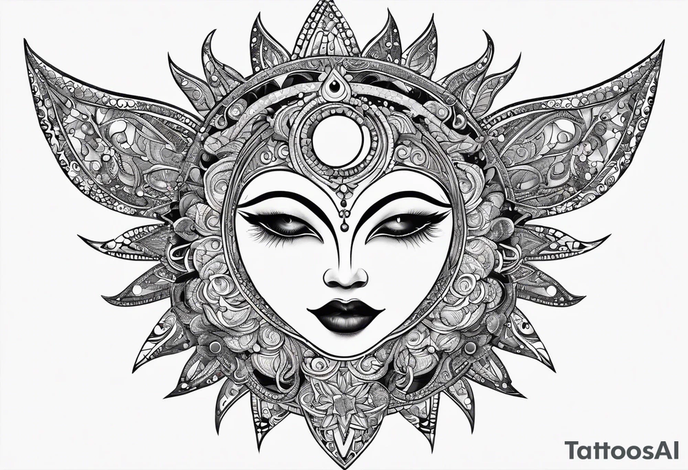 Feminine alien Sun and moon. Freeform rectangular sternum swirls with dots and stars tattoo idea