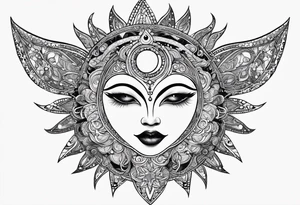Feminine alien Sun and moon. Freeform rectangular sternum swirls with dots and stars tattoo idea