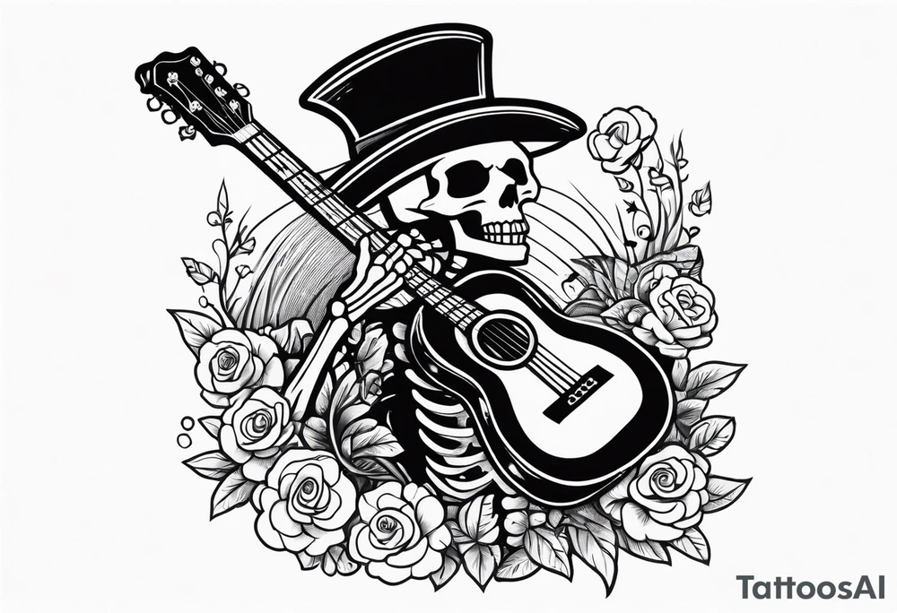 Skeleton playing guitar tattoo idea