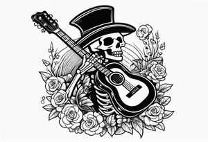 Skeleton playing guitar tattoo idea