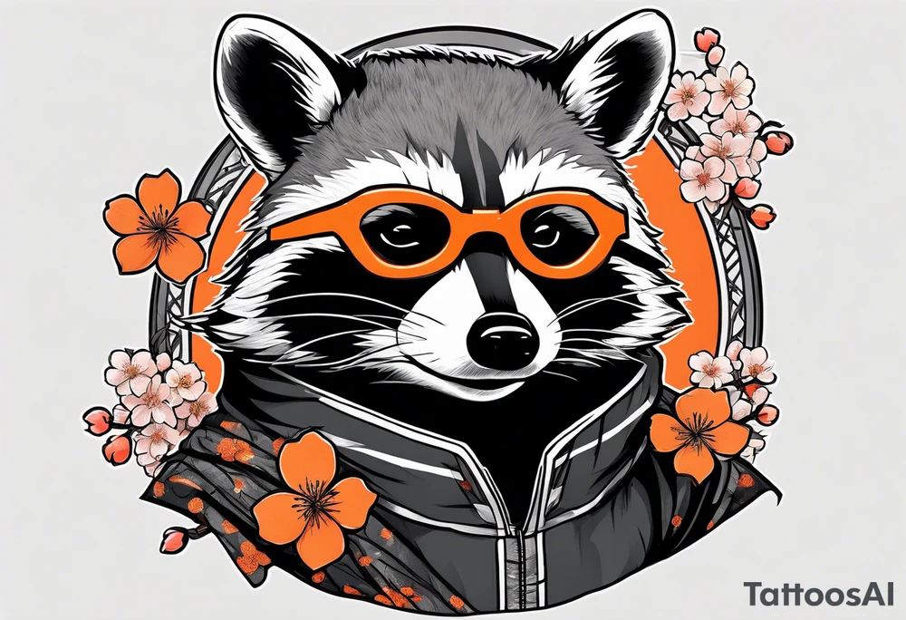 raccoon wearing a black and white Superman hoodie and orange Japanese cherry blossoms tattoo idea