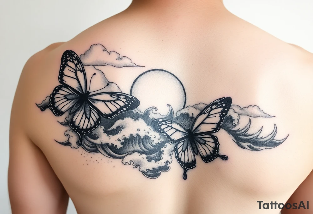 butterflies and the sun shining through clouds, with waves crashing in the background
half sleeve on the arm tattoo idea