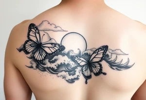 butterflies and the sun shining through clouds, with waves crashing in the background
half sleeve on the arm tattoo idea