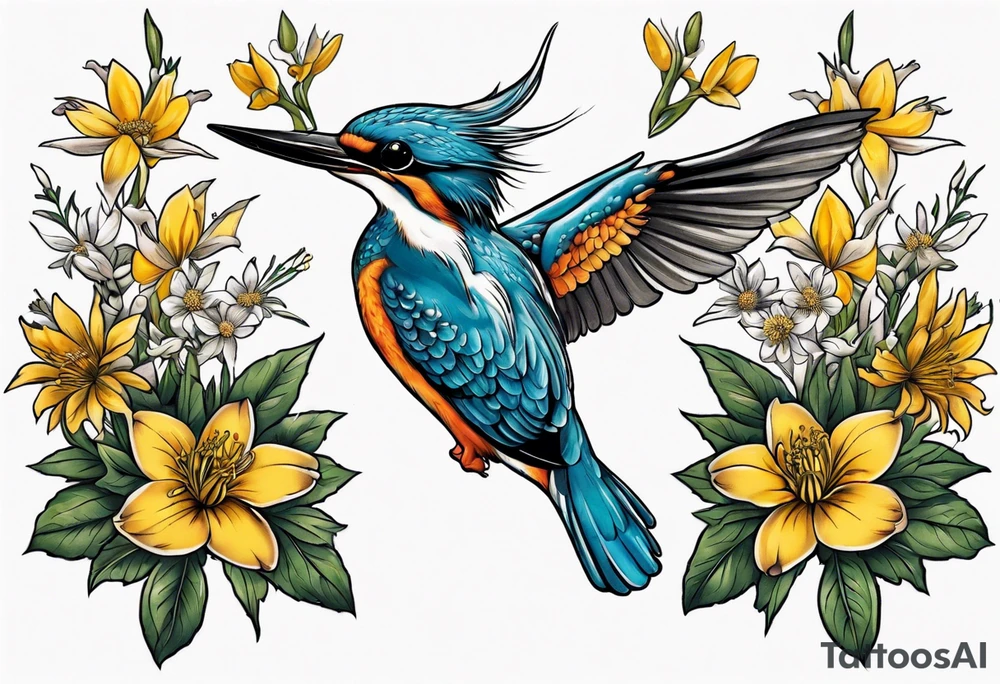 Thigh tattoo of a Kingfisher taking flight surrounded by St John's Wort flowers (each flower has 5 petals) tattoo idea