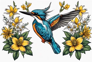 Thigh tattoo of a Kingfisher taking flight surrounded by St John's Wort flowers (each flower has 5 petals) tattoo idea