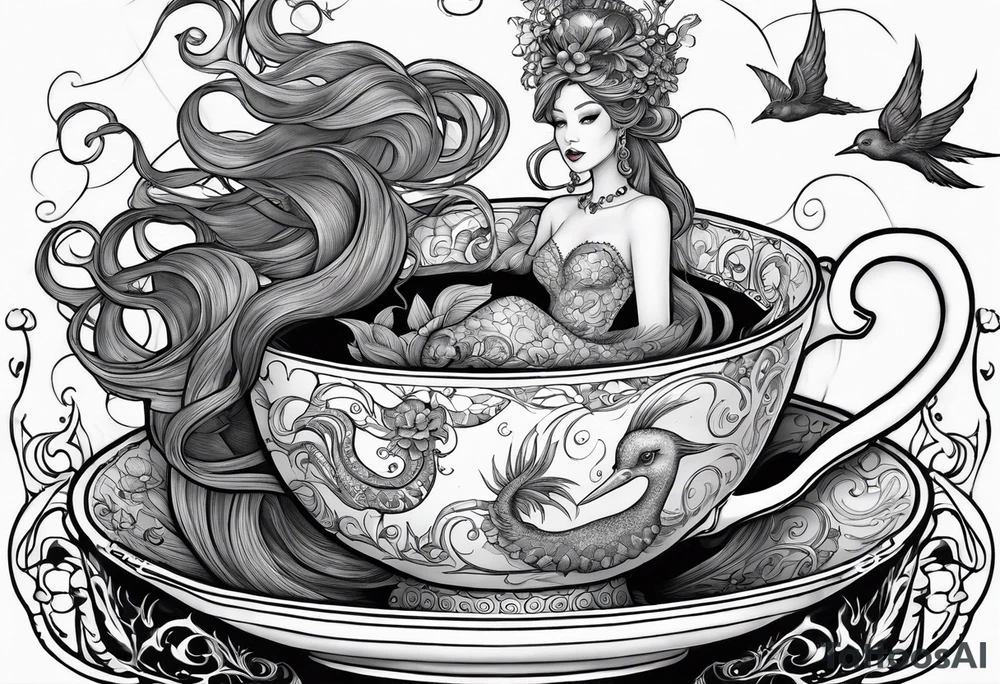 A beautiful sea witch with tentacles that incorporates a teacup, an umbrella, a yellow bird, and a gingerbread boy tattoo idea