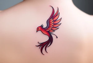 Phoenix rising from the ashes with the colors red, pink, orange and purple. Size 3 cm wide and 5 cm high tattoo idea