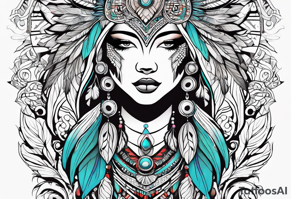 abstract organic line artwork woman, native american, wolf tattoo idea