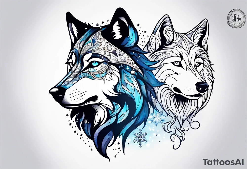 Constellation, two animal wolf, snowflake tattoo idea