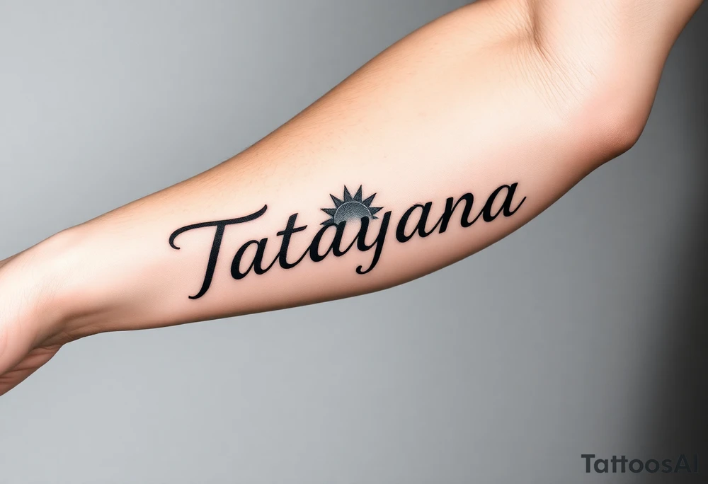 Forearm tattoo for a man using the name “Tatayana” Starting from the wrist, stretching to the elbow with the sun and moon Incorporated tattoo idea