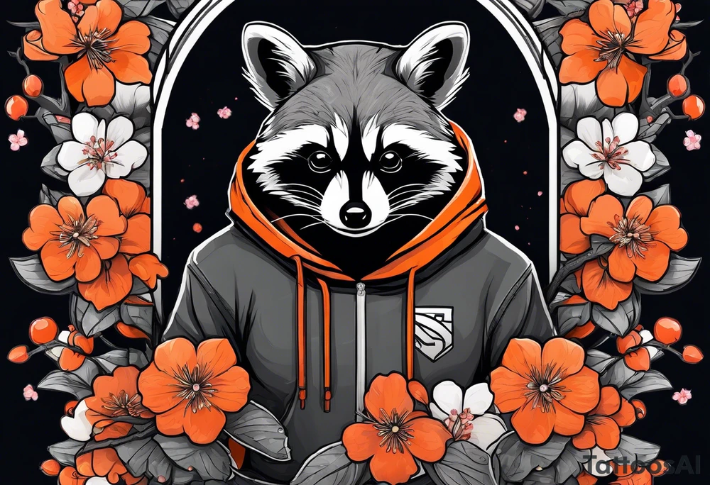 Raccoon wearing a white Superman logo on a black hoodie and orange Japanese cherry blossoms beside tattoo idea