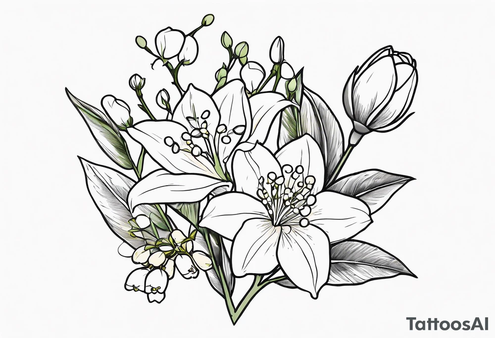 A tattoo that incorporates Mays birth Flowers (lily of the valley and Hawthorne) junes birth flowers (rose and honeysuckle), and honeybees tattoo idea