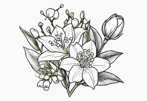 A tattoo that incorporates Mays birth Flowers (lily of the valley and Hawthorne) junes birth flowers (rose and honeysuckle), and honeybees tattoo idea