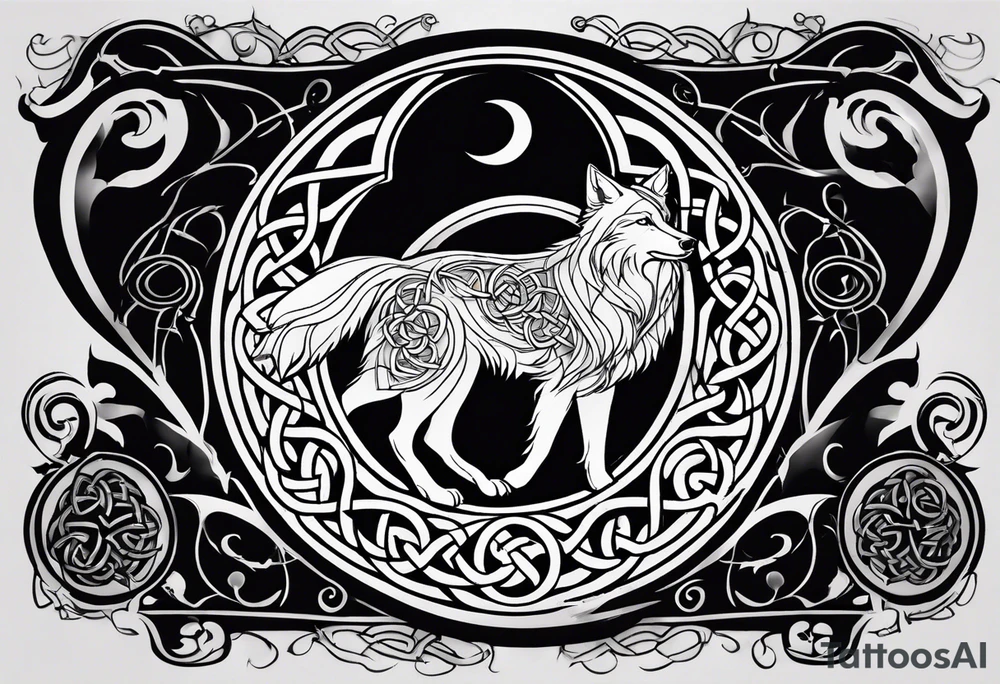 A tattoo with the celtic symbol triskelion, a wolf and a raven set on the backdrops of a dark night moon, cloud and small ravens flying around tattoo idea