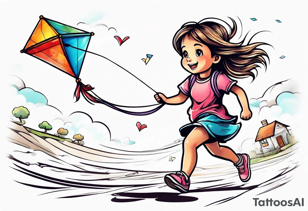 a little girl running away holding a kite tattoo idea
