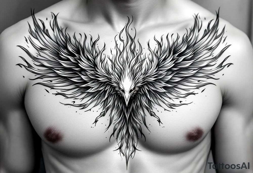 Realistic and symmetrical flaming Phoenix rebirth with spread low wings surrounded by fire mapped onto chest only
Phoenix head must be in the middle of the chest, straight and symmetrical 
Fire should be surrounding spread wings
Wings should be spread low only on chest muscle tattoo idea
