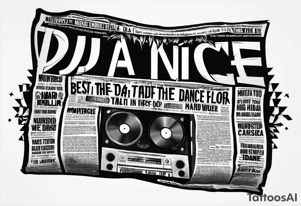 Ripped newspaper design for hand tattoo with headline “dj murdered the dance floor”. newspaper front page Article about best dj in raleigh nc tattoo idea