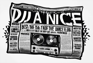 Ripped newspaper design for hand tattoo with headline “dj murdered the dance floor”. newspaper front page Article about best dj in raleigh nc tattoo idea