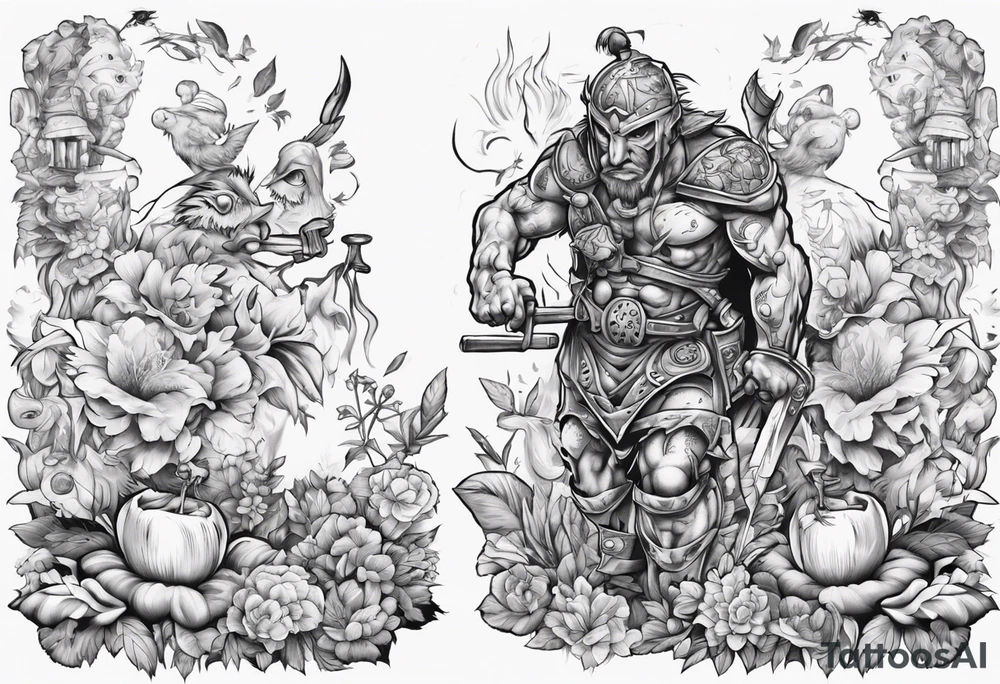 warrior in the garden feeding the weak with the world on his shoulders tattoo idea