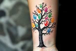 Bare tree with colored handprints on the trunk, each handprint labeled with a name and year: “Martin 2015,” “Olivie 2012” etc. Bright primary colors for prints on a black-ink tree. tattoo idea