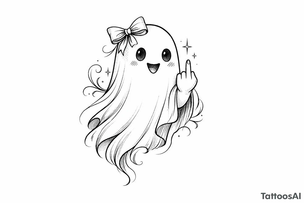 A playful ghost, adorned with a bow, giving the middle finger. tattoo idea