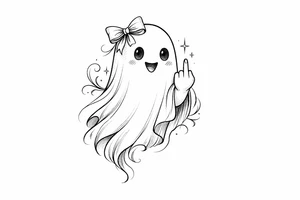 A playful ghost, adorned with a bow, giving the middle finger. tattoo idea