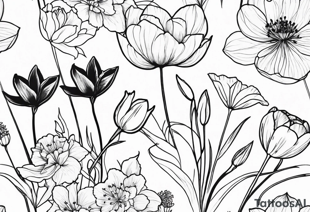 HydrANGEAS, TULIPS, LILLIES, DRAGONflower, with wildflowers, poppy, complimentary flowers, bees, peony, forearm tattoo idea