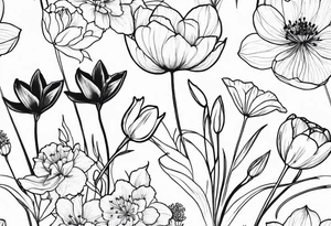 HydrANGEAS, TULIPS, LILLIES, DRAGONflower, with wildflowers, poppy, complimentary flowers, bees, peony, forearm tattoo idea