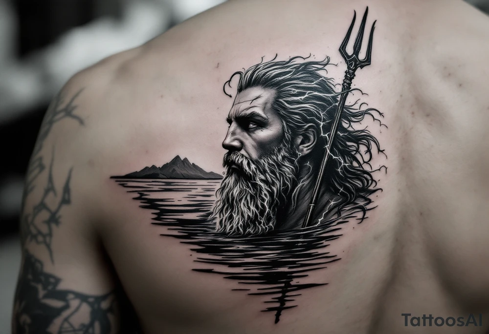 neptune with trident half way in calm water with lightning tattoo idea