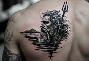 neptune with trident half way in calm water with lightning tattoo idea