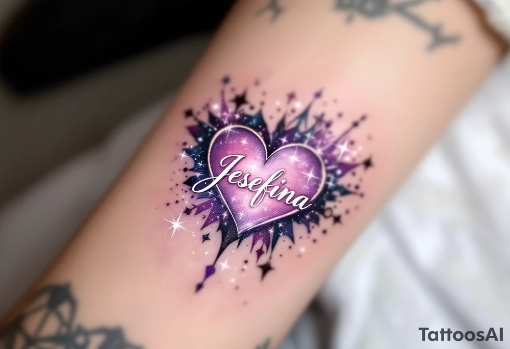 A heart surrounded by cosmic elements, with name "Jesefina" written in an elegant white script, accented by soft purple and silver sparkles. tattoo idea