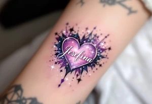 A heart surrounded by cosmic elements, with name "Jesefina" written in an elegant white script, accented by soft purple and silver sparkles. tattoo idea