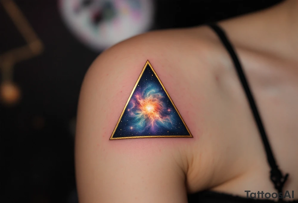A gold-outlined triangle with a galaxy background, capturing the mystery of the universe. tattoo idea