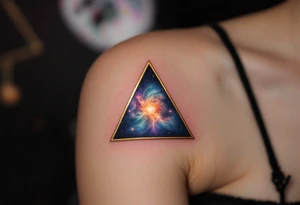 A gold-outlined triangle with a galaxy background, capturing the mystery of the universe. tattoo idea