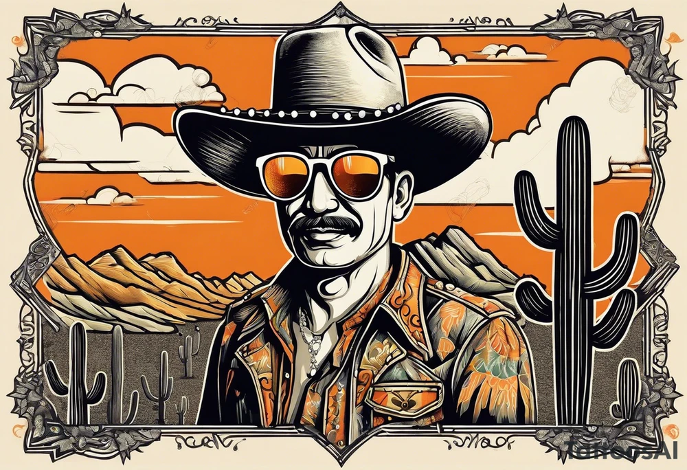 Saguaro cactus with two arms and a clever face, wearing an orange cowboy hat, wearing sunglasses, and a cigarette dangling from his mouth tattoo idea
