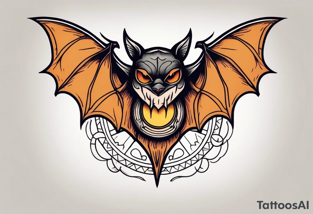 traditional Knee tattoo in fall colors with a Bat face tattoo idea
