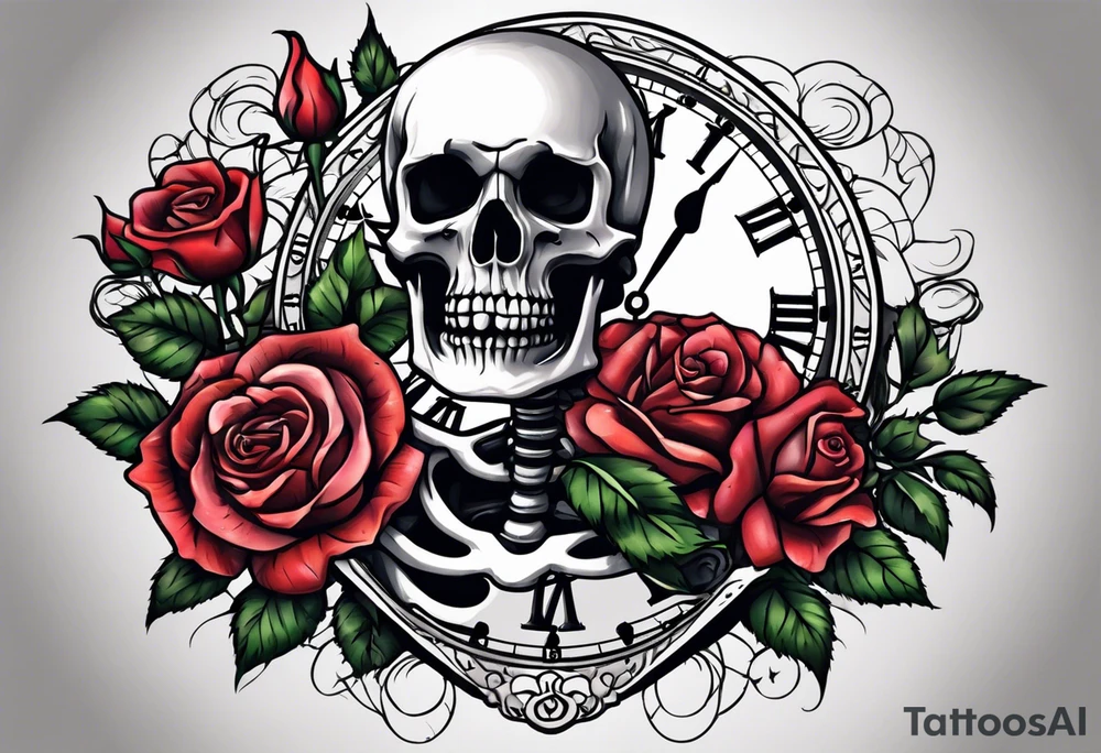 Skeleton with roses with clock tattoo tattoo idea
